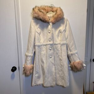 Y2K Glam VTG Bebe Penny Lane Faux Fur Suede Large Hooded Winter Coat Cream Pink
